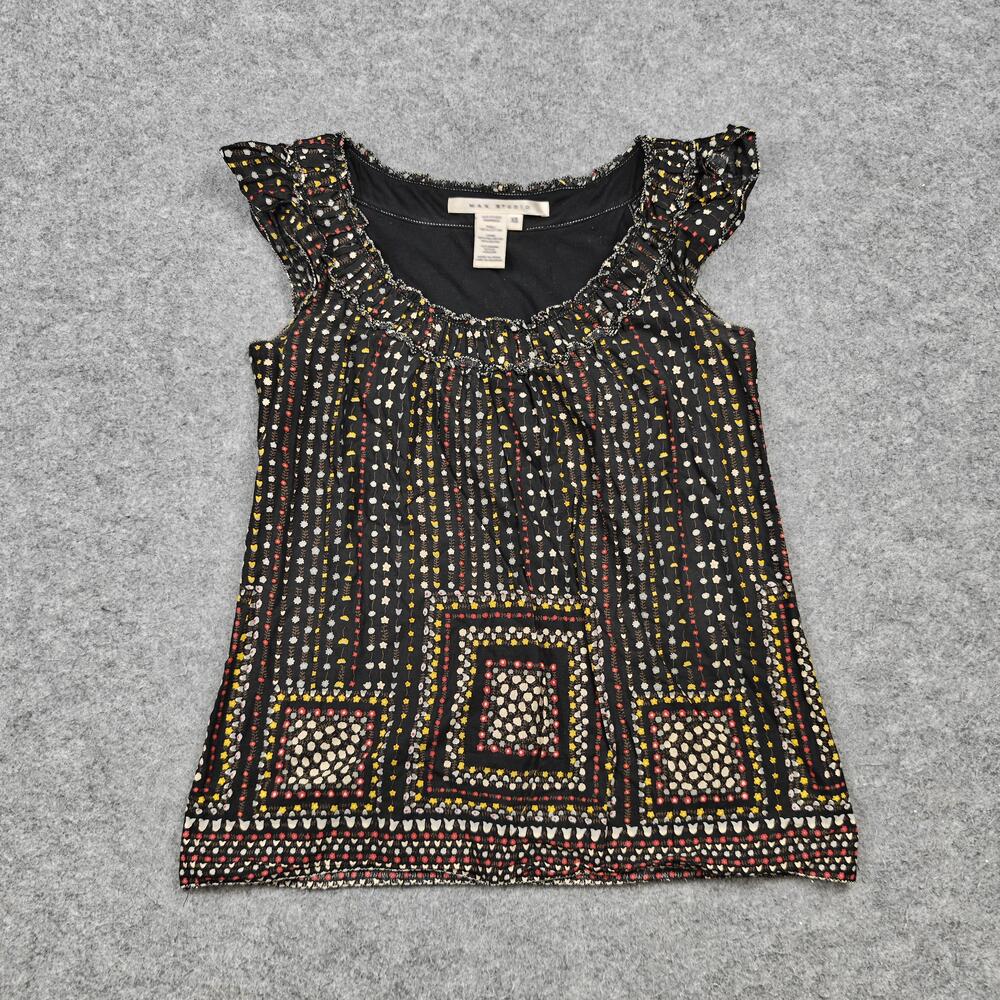 Max Studio Blouse Womens XS Black Tunic Flutter Sleeve Ruffle Lined Geometric